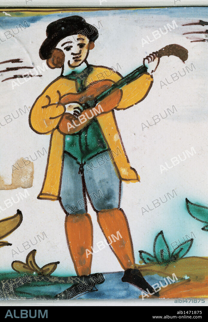 SOCIEDAD ESPAÑOLA (S. XVIII). CERAMICA CATALANA. "AZULEJOS DE OFICIOS". Empezaron a producirse a mediados del siglo XVII. Están inspirados en grabados populares o aleluyas de las artes y de los oficios, del Sol, la Luna y otros motivos. OFICIO DE MUSICO. Museo Munipal de História. Barcelona. Cataluña.