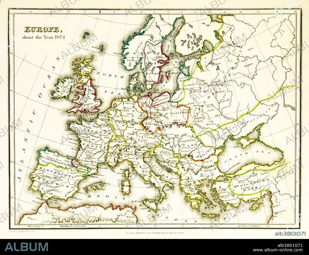 A map of Europe, showing territorial borders existing in the 11th century, specifically in 1074. The Treaty of Gerstungen was concluded on 2 February 1074 in Gerstungen Castle on the River Werra in what is now Germany. It required King Henry IV to restore the Duke Otto of Northeim to the Duchy of Bavaria. In 1073 the latter had successfully headed the rebellion of the Saxons. Map published in 1831.