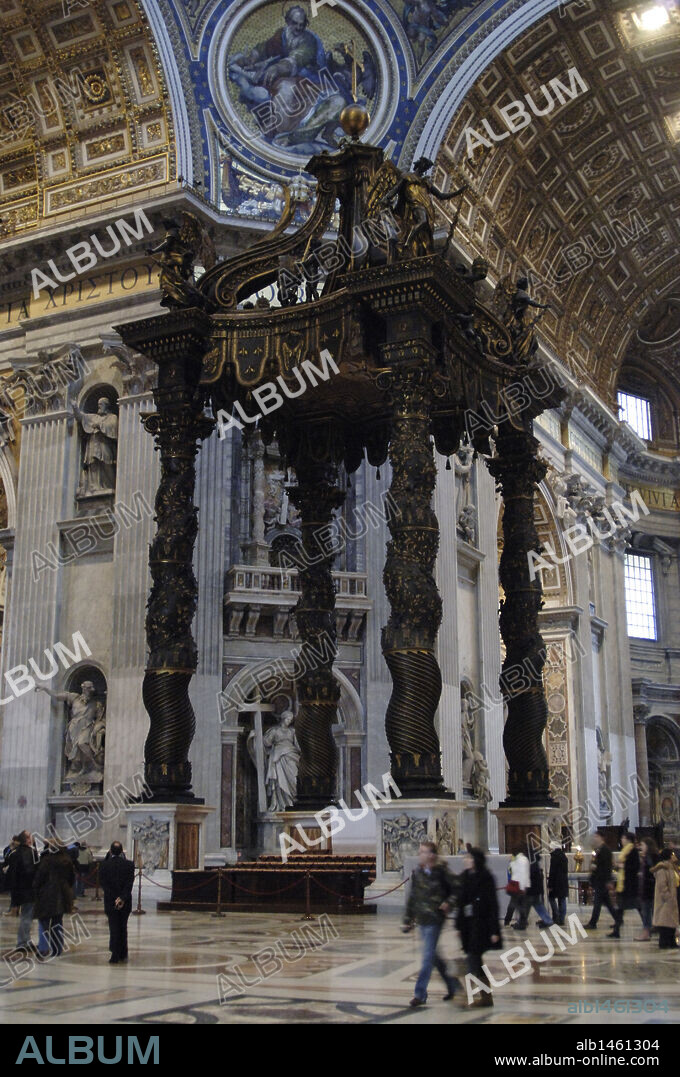 St. Peter's Baldachin. Baroque sculpture bronze canopy by Gian Lorenzo Bernini (1598-1680). St. Peter's Basilica. Vatican city.