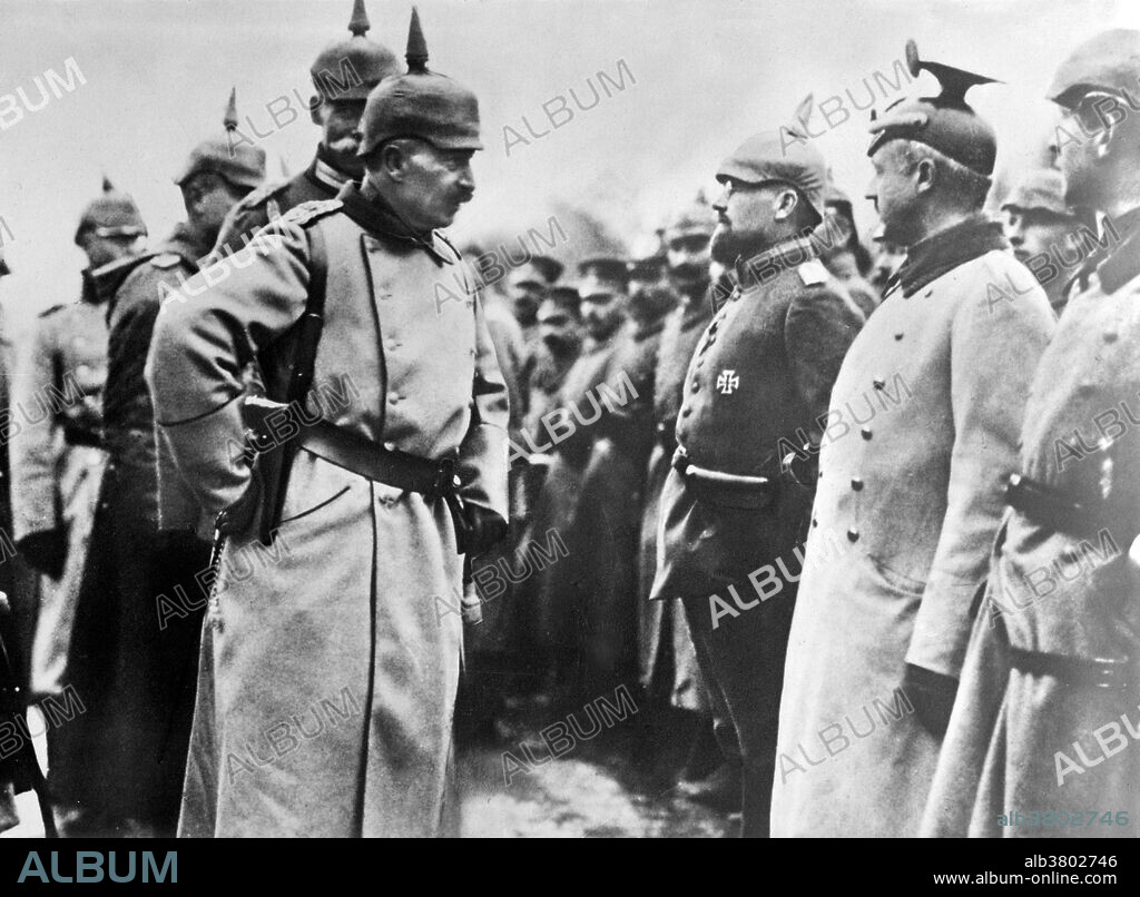 Kaiser Wilhelm II (1859-1941), the last German Emperor and King of Prussia, with troops during World War I. Wilhelm II (January 27, 1859 - June 4, 1941) was the last German Kaiser and King of Prussia, ruling the German Empire and the Kingdom of Prussia from 1888 to 1918. Crowned in 1888, he dismissed the Chancellor, Otto von Bismarck, in 1890 and launched Germany on a "New Course" in foreign affairs that culminated in his support for Austria-Hungary in the crisis of July 1914 that led to World War I. Bombastic and impetuous, he sometimes made tactless pronouncements on sensitive topics without consulting his ministers, culminating in a disastrous Daily Telegraph interview that cost him most of his power in 1908. His top generals, Paul von Hindenburg and Erich Ludendorff, dictated policy during World War I with little regard for the civilian government. An ineffective war leader, he lost the support of the army, abdicated in November 1918, and fled to exile in the Netherlands where he died in 1941 at the age of 82.Bain News Service circa 1914/15.