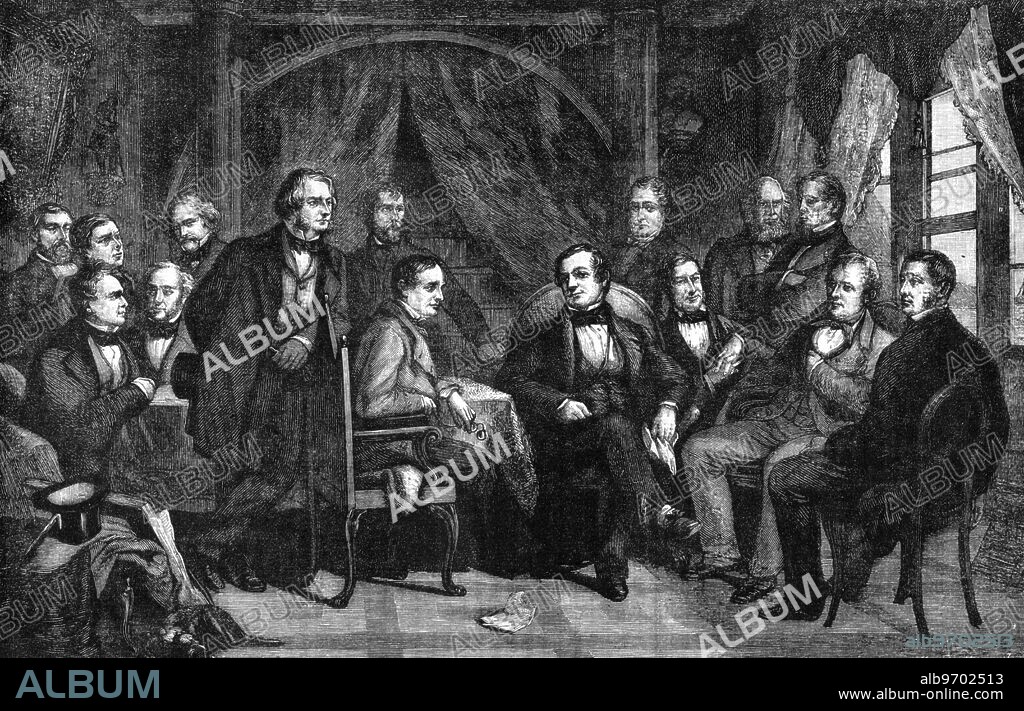 Washington Irving and His Literary Friends at Sunnyside . Left to right: Henry T. Tuckerman (1813-1871), Oliver Wendell Holmes (1809-1894), William Gilmore Simms (1806-1870), Fitz-Greene Halleck (1790-1867), Nathaniel Hawthorne (1804-1864), Henry Wadsworth Longfellow (1807-1882), Nathaniel Parker Willis (1806-1867), William H. Prescott (1796-1859), Irving, James Kirke Paulding (1778-1860), Ralph Waldo Emerson (1803-1882), William Cullen Bryant (1794-1878), John Pendleton Kennedy (1795-1870), James Fenimore Cooper (1789-1851), and George Bancroft (1800-1891).