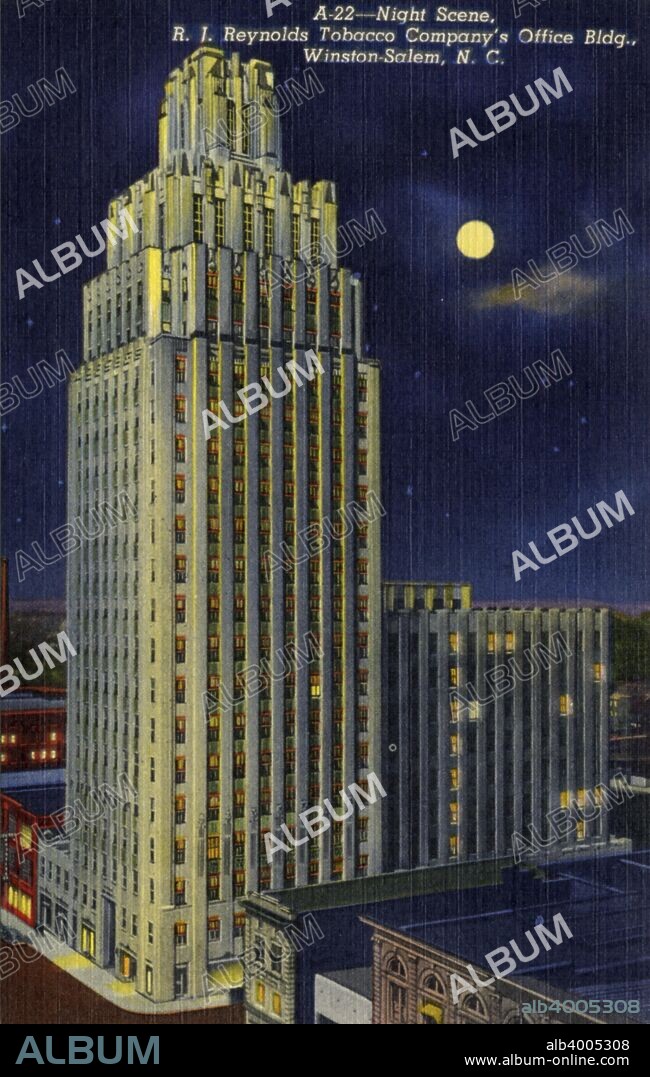 RJ Reynolds Tobacco Company's Office Building, Winston-Salem, North Carolina, USA, 1940. Postcard showing a view of the building at night. Built in 1929, the company's headquarters was designed by Shreve, Lamb, and Harmon, the architectural firm that later designed the Empire State Building in New York. It was the first skyscraper in the US to be built south of Baltimore.