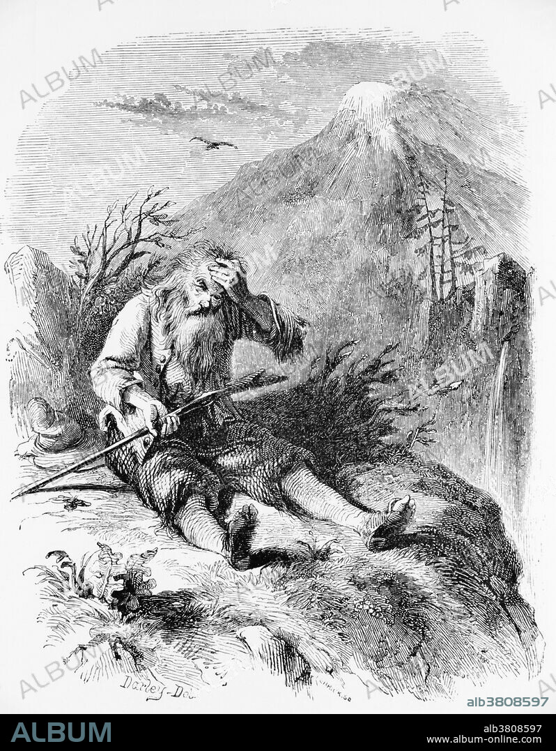 Wood engraving of Rip van Winkle, a character in a short story written by Washington Irving in 1819.