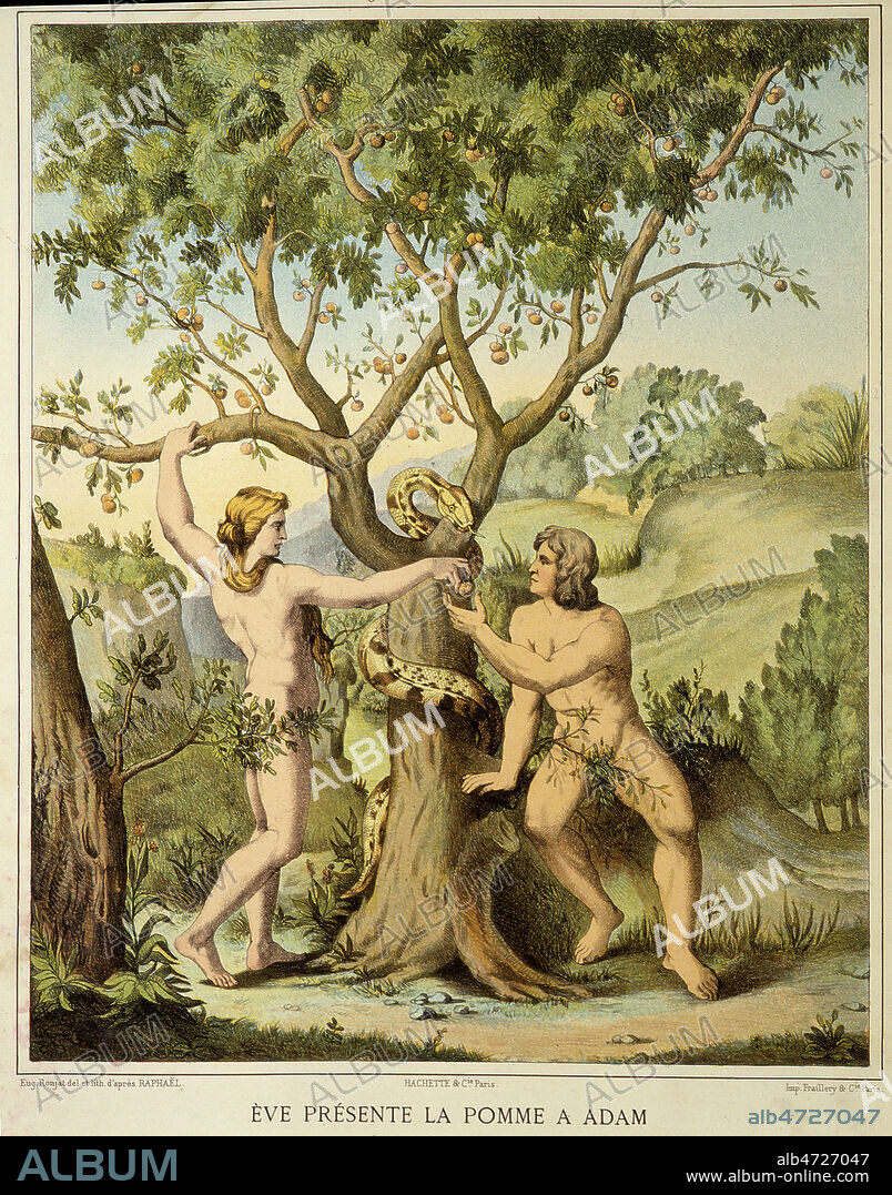 ADAM et EVE au Paradis. Dans le jardin d'Eden Eve presente la pomme a Adam. Illustration tiree de Enseignement religieux, Lithographie d'Eugene Ronjat d'apres Raphael, vers 1880. Credit Collection Kharbine Tapabor.