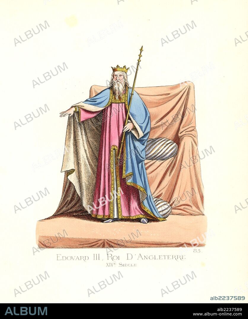 King Edward III of England, 14th century, in blue cape trimmed with ermine, red tunic bordered with gold. From his sepulchral monument in Westminster Abbey, London, with gold crown from the monument to Henry III, sceptre from paintings of Richard II, and throne from an ancient manuscript. Handcoloured illustration drawn and lithographed by Paul Mercuri with text by Camille Bonnard from "Historical Costumes from the 12th to 15th Centuries," Levy Fils, Paris, 1861.