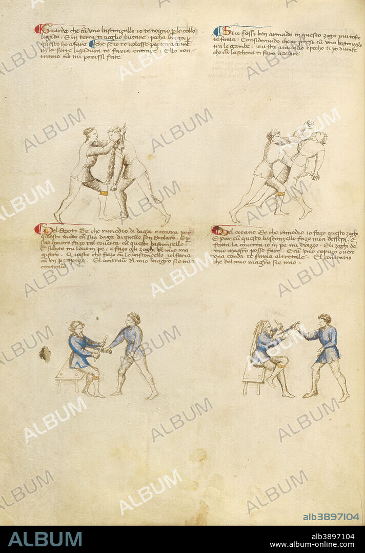 FIORE FURLAN DEI LIBERI DA PREMARIACCO. Combat with Rondel and Dagger. Date/Period: Ca. 1410. Folio. Tempera colors, gold leaf, silver leaf, and ink on parchment. Height: 279 mm (10.98 in); Width: 206 mm (8.11 in).