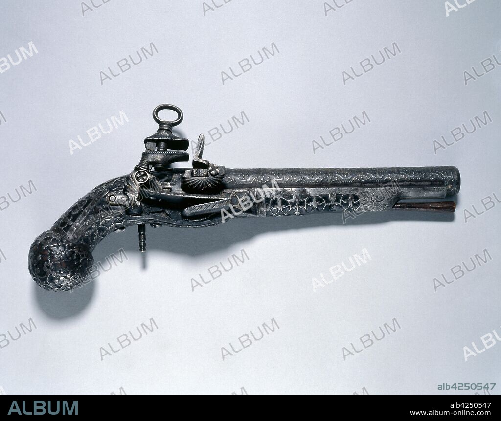 Snaphance Pistol, 17th century. Spain, Ripoll, 17th century. Steel, ebony with silver inlay; overall: 29.5 cm (11 5/8 in.); barrel: 20 cm (7 7/8 in.); bore: 1.5 cm (9/16 in.).