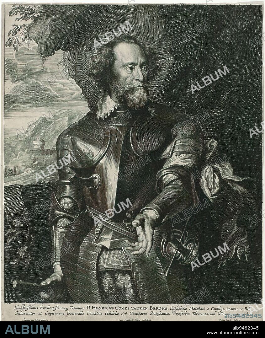 Portrait Count Hendrik van den Bergh, Kneepiece, in armor, with speaking gesture, standing before a high rock. With caption in Latin., print maker: Paulus Pontius, (mentioned on object), after painting by: Anthony van Dyck, (mentioned on object), c. 1625 - before 1658, paper, etching, engraving, height 359 mm × width 295 mm.