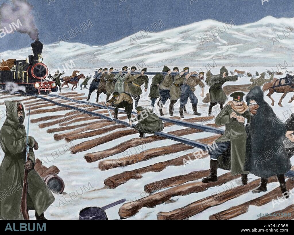 Russo-Japanese War (1904-1905). Construction of a railroad across the ice on Lake Baikal. Engraving. Colored.