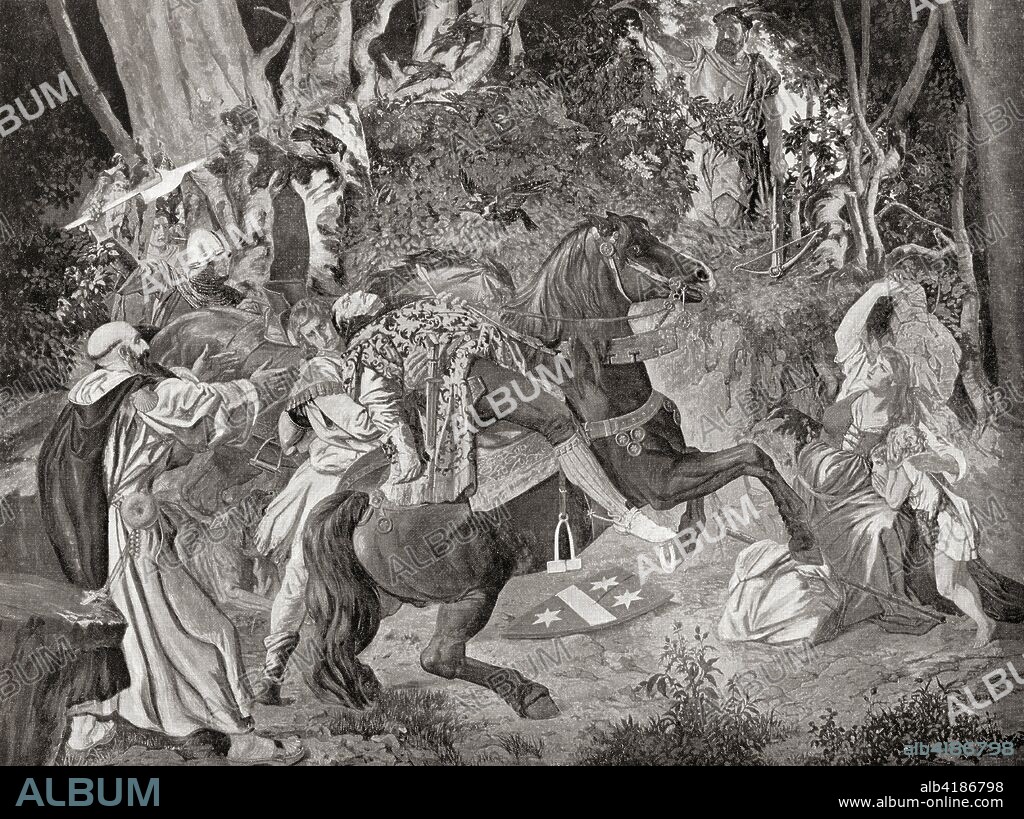 The murder of Albrecht Gessler by William Tell.  Albrecht Gessler, aka Hermann.  Legendary 14th-century Habsburg bailiff whose brutal rule led to the William Tell rebellion and the independence of the Old Swiss Confederacy.  William Tell.  Folk hero of Switzerland.  From Hutchinson's History of the Nations, published 1915.