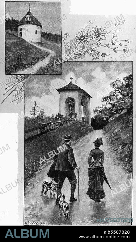Friedrich III., deutscher Kaiser, König von Preußen, 1831-1888. Der kranke Kronprinz in Toblach im Pustertal, September 1887:. Der Kronprinz mit seiner ältesten Tochter Prinzeß Victoria auf dem Wege zur Maximilianskapelle. Holzstich von W. Gause. Aus: Daheim, 24. Jg. 1888 (15.10.1887).
