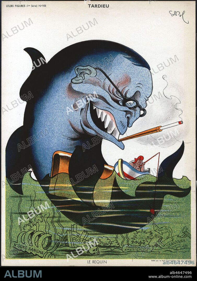 TARDIEU le Requin. Portrait-charge de Raoul CABROL (1896-1956) pour sa serie Leurs Figures editee par le Parti Communiste vers 1935. ADAGP. Credit : Collection IM/Kharbine-Tapabor.