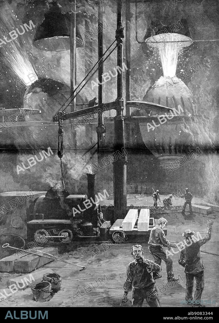 Making steel by the Bessemer process 1886. Englishmen, Sir Henry Bessemer (1813-1898) invented the first process for mass-producing steel inexpensively, essential to the development of skyscrapers. An American, William Kelly, had held a patent for "a system of air blowing the carbon out of pig iron" a method of steel production known as the pneumatic process of steelmaking. Air is blown through molten pig iron to oxidize and remove unwanted impurities.