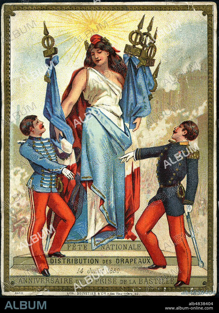 Fete Nationale Distribution des Drapeaux 14 juillet 1880 Anniversaire de la prise de la Bastille. Marianne et 2 militaires . Chromo publicitaire fin 19eme, 1880. Chromolithographie. Credit IM/KHARBINE TAPABOR.