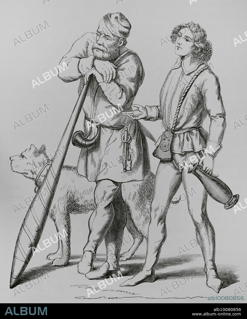 History of England, 15th century. English gatekeeper, his dog (1480) and a cupbearer (1475). Engraving. "Moeurs, usages et costumes au moyen-âge et à l'époque de la Renaissance", by Paul Lacroix. Paris, 1878.