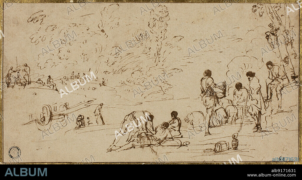 Group of Figures by a River, n.d. Attributed to Agostino Tassi or or Annibale Carracci.