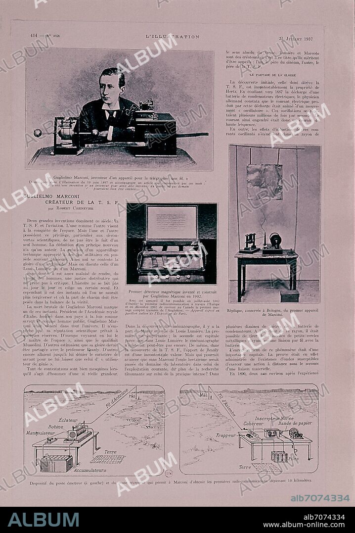 Guglielmo Marconi, 1st Marquis of Marconi (25 April 1874 – 20 July 1937) was an Italian inventor and electrical engineer known for his pioneering work on long-distance radio transmission and for his development of Marconi's law and a radio telegraph system.