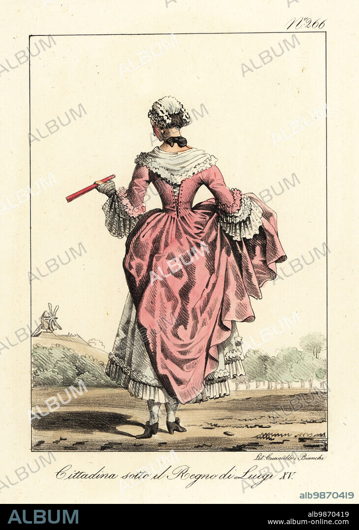Rear view of the costume of a French bourgeois woman, mid-18th century. In dress with lace collar, cuffs and petticoats, bonnet and fan. Bourgeoise sous le Regne de Louis XV. Handcoloured lithograph by Lorenzo Bianchi and Domenico Cuciniello after Hippolyte Lecomte from Costumi civili e militari della monarchia francese dal 1200 al 1820, Naples, 1825. Italian edition of Lecomtes Civilian and military costumes of the French monarchy from 1200 to 1820.