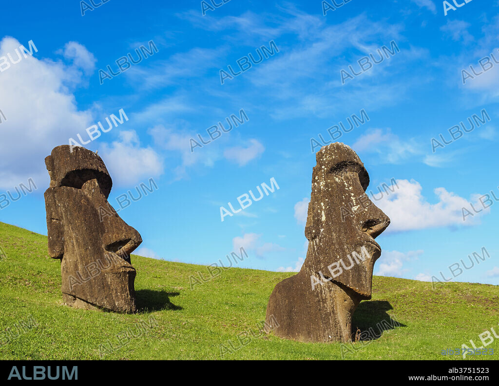 Moais at the quarry on the slope of the Rano Raraku Volcano, Rapa Nui National Park, UNESCO World Heritage Site, Easter Island, Chile, South America.