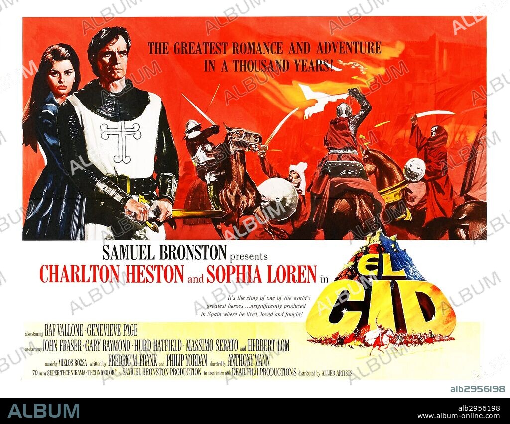 Film poster for 'El Cid' the story of the fabled Spanish hero Rodrigo Diaz (a.k.a. El Cid) overcomes a family vendetta and court intrigue to defend Christian Spain against the Moors. Staring Charlton Heston, Sophia Loren and Raf Vallone. Dated 1961.