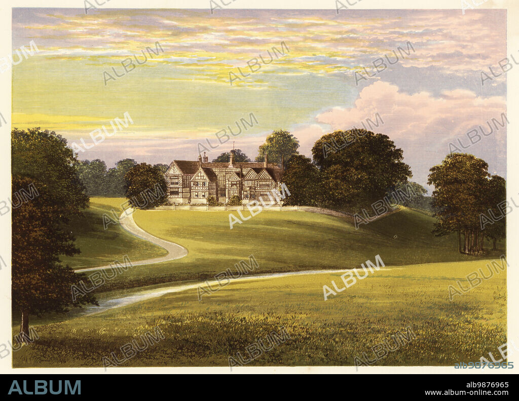 Bramhall Hall, Lancashire, England. Tudor house renovated in the 16th and 19th centuries, home to the Davenport family. Colour woodblock by Benjamin Fawcett in the Baxter process of an illustration by Alexander Francis Lydon from Reverend Francis Orpen Morriss Picturesque Views of the Seats of Noblemen and Gentlemen of Great Britain and Ireland, William Mackenzie, London, 1880.