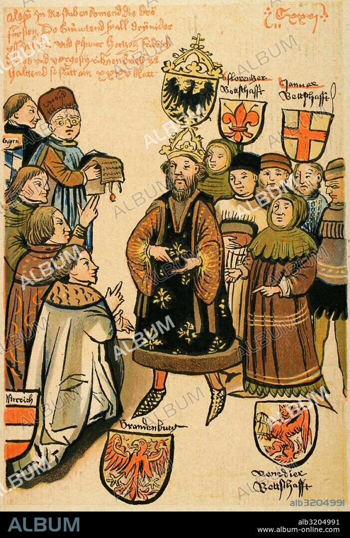 Frederick I, Elector of Brandenburg (1371-1440). Burgrave of Nuremberg as Frederick VI. First member of the House of Hohenzollern to rule the Margraviate of Brandenburg. Investiture of Frederick. Copy of an original by Ulrich of Richenthal (15th century).