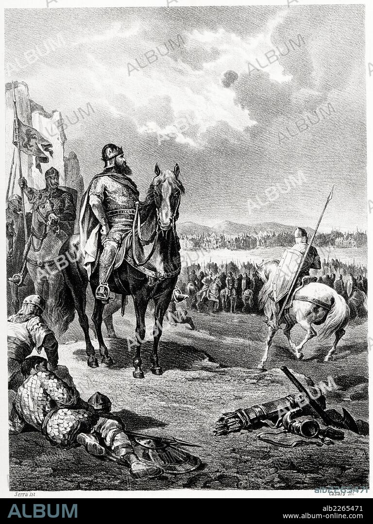 Historia de España. Batalla de Simancas. Victoria de las tropas cristianas al mando del rey de León, Ramiro II, ante los musulmanes de Abderraman III en el año 933. Grabado de 1872.