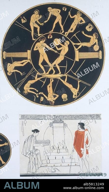 nach: Griechische Vasenmalerei, schwarzfigurig (unten):. Trauernde an einem Grab. Von einem weißgrundigen Lekythos. rotfigurig (oben):. - Fünfkampf (Szenen): Diskuswerfen, Speerwerfen, Ringen u. Weitsprung. Innenbild einer Schale. Aquarelle, undat., von Peter Connolly (1935-2012).