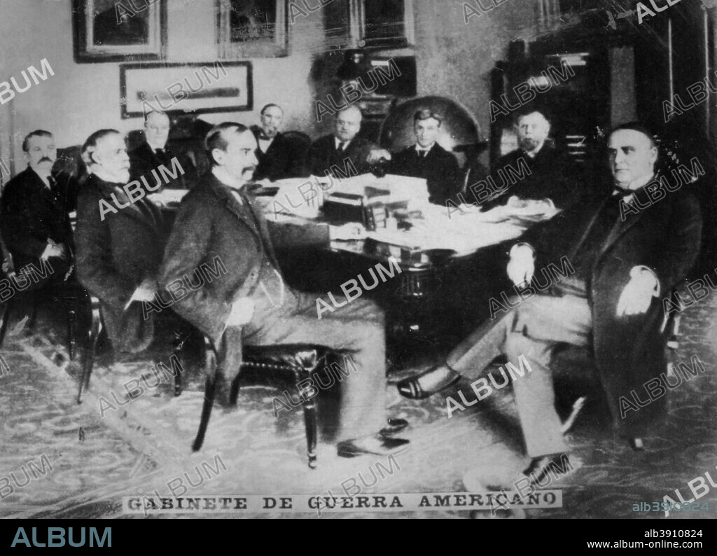 The American War cabinet under William McKinley (1843-1901), 1898 (c1910). The cabinet included John Sherman, Lyman J Gage, Russell A Alger,  John Davis Long, Cornelius Newton Bliss, James Wilson, and Joseph McKenna. As 25th President of the United States, McKinley served from 1897 until his assassination in September 1901. He led the nation to victory in the Spanish-American War, raised protective tariffs to promote American industry, and maintained the nation on the gold standard in a rejection of inflationary proposals. Cigar card from the History of Cuba, Geografico Universal, Propaganda de los Cigarros Susini y La Corona, Tabacalera Cubana.
