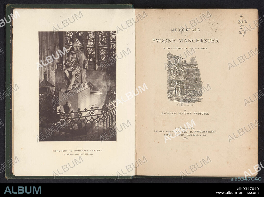 Memorials of bygone Manchester with glimpses of the environs (title on object), Richard Wright Procter (mentioned on object), publisher: Palmer and Howe (mentioned on object), publisher: Manchester, publisher: London, 1880, paper, linen (material), collotype, height 265 mm × width 200 mm × thickness 50 mm.