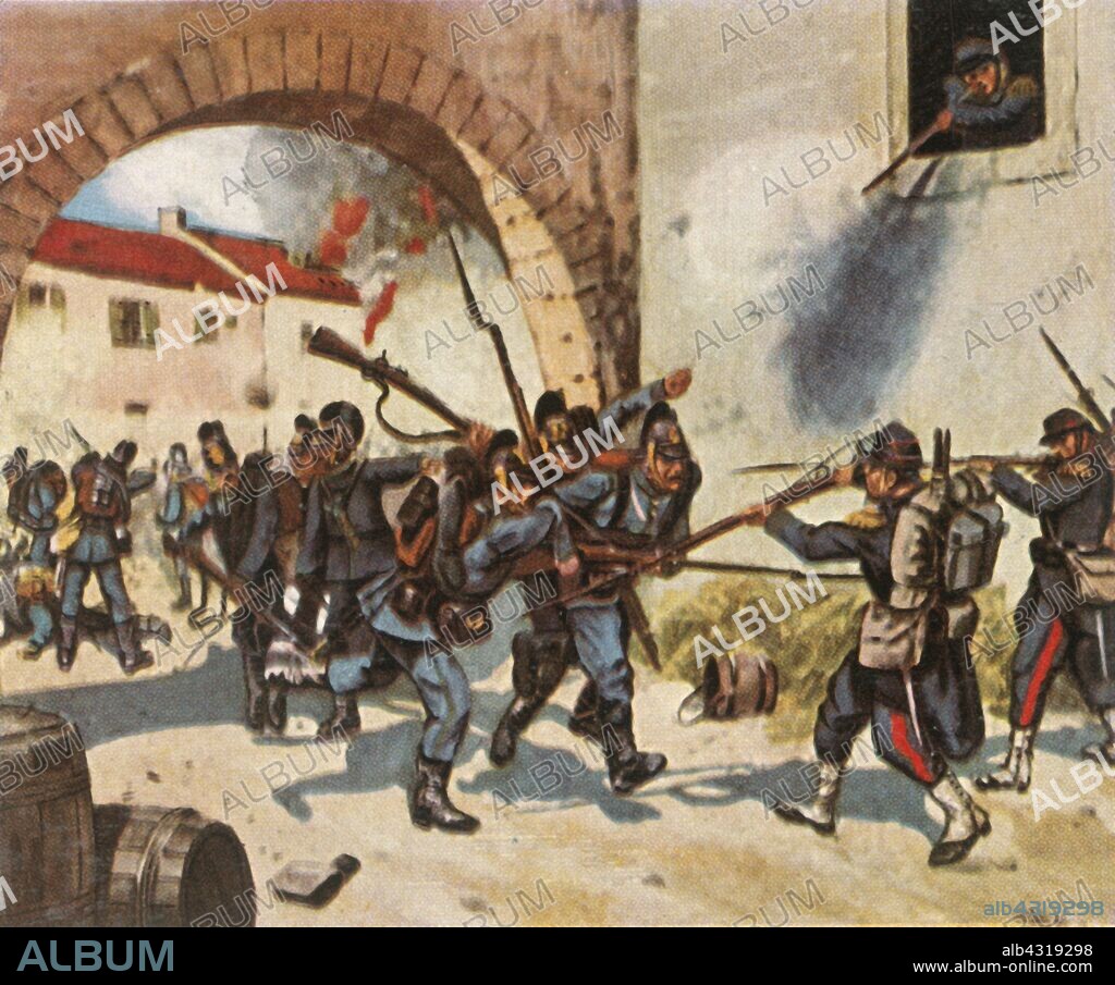 The Battle of Sedan, 1 September 1870, (1936). 'Die Schlacht Bei Sedan, 1 September 1870'. Battle of the Franco-Prussian War, fought in the Ardennes department of north-eastern France. Sedan was a national humiliation for the French, as their army was decisively defeated by the Prussians. The defeat led to the fall of the French Second Empire and the occupation of Paris by the Germans and, in 1871, the creation of the German Empire. From "Bilder Deutscher Geschichte", (Pictures of German History), No.12, cigarette card album. [Cigaretten-Bilderdienst, Altona-Bahrenfeld, Hamburg, Germany, 1936].