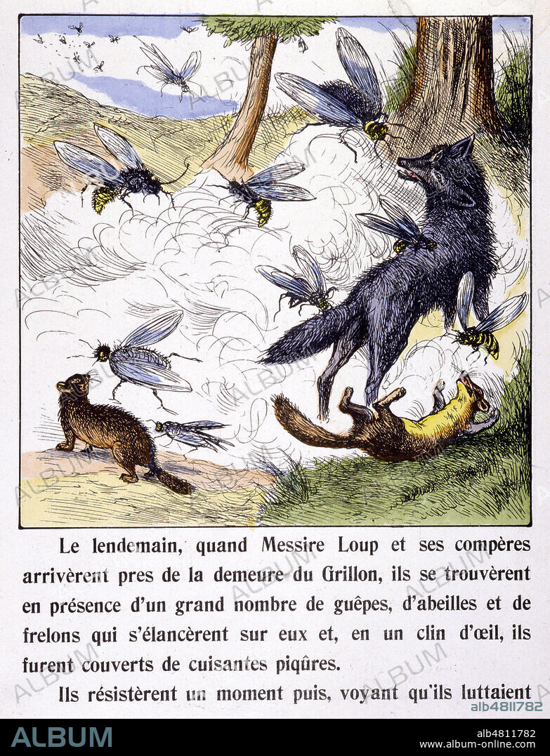 'Le lendemain, quand Messire Loup et ses comperes...' : Loup attaque par des abeilles. Extrait de la fable 'Le grillon et le loup', imagerie d'Epinal de la fin du 19eme s. (19e, XIXe s.) Credit : Collection KHARBINE-TAPABOR.