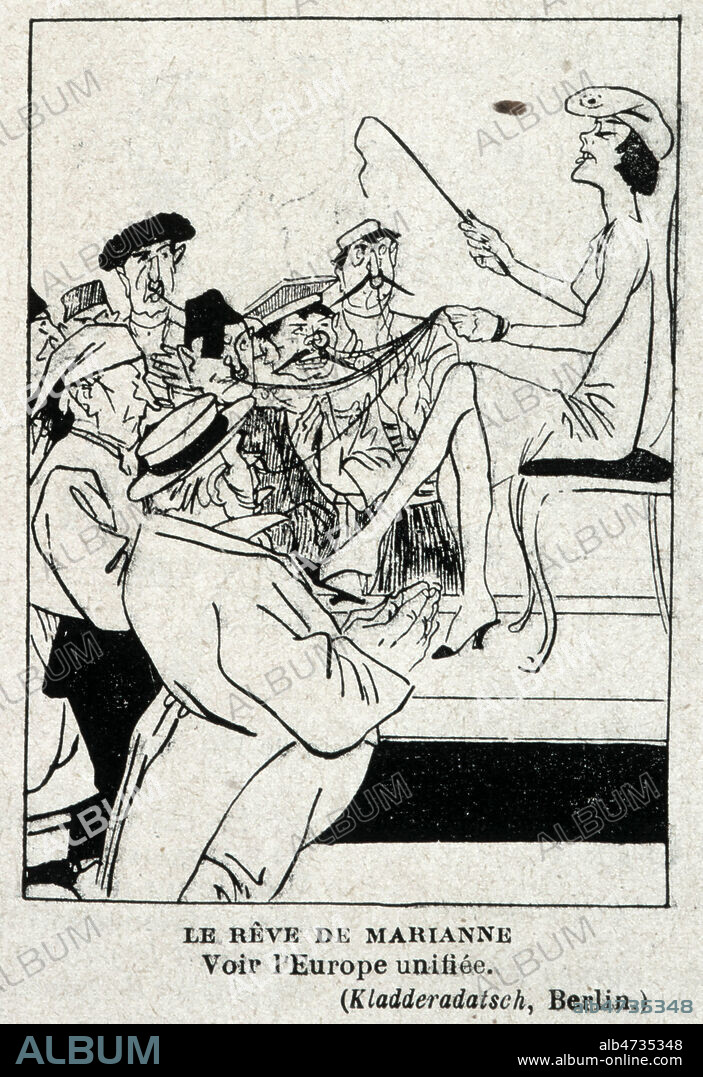 'Le reve de Marianne : voir l'Europe unifiee'. Caricature allemande publiee dans Kladderadatsch (pro nazie des 1923) et reprise dans Le Rire du 29/06/1929. Credit : Collection KHARBINE-TAPABOR.