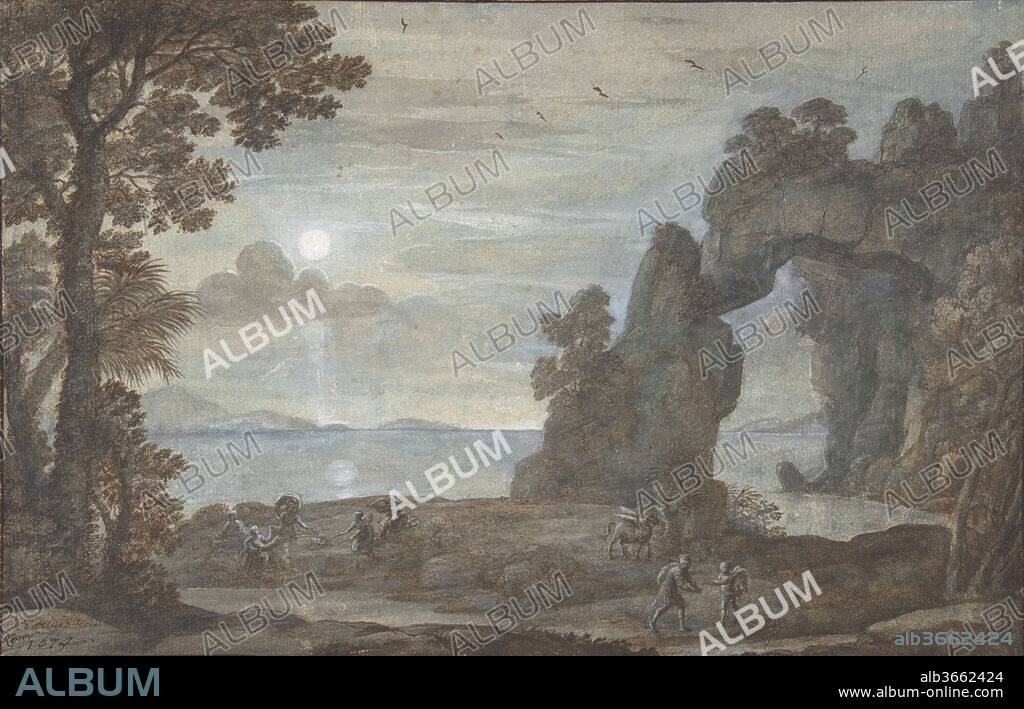 CLAUDE LORRAIN (CLAUDE GELLÉE). Coast View with Perseus and the Origin of Coral. Artist: Claude Lorrain (Claude Gellée) (French, Chamagne 1604/5?-1682 Rome). Dimensions: 9 3/4 x 15 1/16 in.  (24.7 x 38.2 cm). Date: 1674.
This highly pictorial drawing, along with a sketchier one depicting the same scene (Lehman Collection, 1975.1.661), are part of a group associated with one of Claude's most celebrated paintings from the last phase of his long artistic career (Holkham Hall, Norfolk, England). The painting, which bears the same title and date as the drawing, was executed in 1674 for Camillo Massimi (1620-1676), who became a major patron of the arts after being elevated to the position of Cardinal by pope Clement X in 1670. 
The subject, going back to the Latin poet Ovid, was not common among artists, but cardinal Massimi's collection of drawings featured a sheet of the same subject by Claude's fellow countryman Nicolas Poussin (Royal Collection, Windsor Castle, England) which included all the characters found in Claude's work. Taking into account the annotation on the Lehman sheet specifying that the "idea" came from the prelate, it seems likely that Massimi commissioned from Claude a recreation of Poussin's theme. Perseus, the mythological hero, had decapitated Medusa, whose gaze petrified anybody looking at her, and used her severed head as a magic weapon to rescue princess Andromeda from a sea-monster. Immediately after this deed Perseus stopped on an island with his winged horse Pegasus to wash the monster's blood off his hands. He laid Medusa's head on seaweed: the blood still dripping from it transformed the twigs into coral, to the wonder of a group of sea-nymphs. 
The setting is one of Claude's highly evocative landscapes. The artist made full use of the tonal and chromatic possibilities of brown, gray and blue washes combined with white gouache to imbue his scene with an early morning atmosphere. He anchored his composition by means of a group of trees on the left and a rock formation in the shape of an arch on the right, with the foliage of the bigger tree echoing the bend of the rocks. He set them against the light, whose source is visible in the disk of the sun hovering in the sky and its reflection on the sea, rendered through an extensive use of white heightening. As a result, the celestial expanse and the water surface shimmer with light amidst subtle modulations of color: from greyish blue to yellow and a streak of white above the horizon in the sky; from yellowish blue to pale and dark blue in the sea. The effect is enhanced by white gouache highlights on the figures, which acquire a sculptural quality despite their small size. 
While the Lehman drawing is undoubtedly a compositional study, this work may have been a presentation piece, made to obtain the approval of the patron.