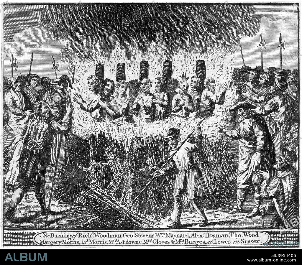The Burning of ten protestant martyrs, Lewes, Sussex, 1557. Seventeen Protestant martyrs were burned at the stake between 1555 and 1557 during the persecutions of the reign of Queen Mary. The victims on this occasion, the 22nd June 1557, were Richard Woodman, George Stevens, Alexander Hosman, William Mainard, Thomasina Wood, Margery Morris, James Morris, Denis Burges, Ann Ashton and Mary Groves.