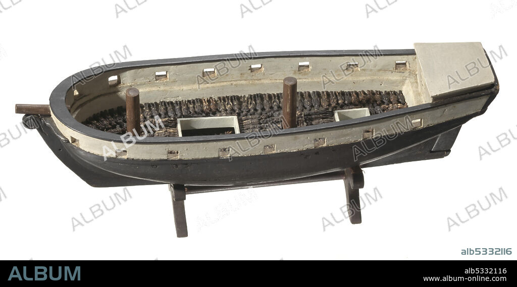 This model was made by an unknown artist in the first half of the 20th century. The ship and the figures are not to scale. Nor are the figures arranged in an historically accurate way. Yet the object speaks an emotional truth. Most of the artist's work has been poured into the carving of the figures on board the ship. They are each hand-carved and represent different people in different states - some with ribs showing, others with rounded bellies, tall, short, male and female. The emotion invested in the carvings is palpable.;Scholars estimate that of every group of 100 people seized in Africa, only 64 would survive the march from the interior to the coast; only 57 would board ship; and just 48 would live to be placed in slavery in the Americas.;Source: Nancy Bercaw, Curator, Slavery and Freedom.