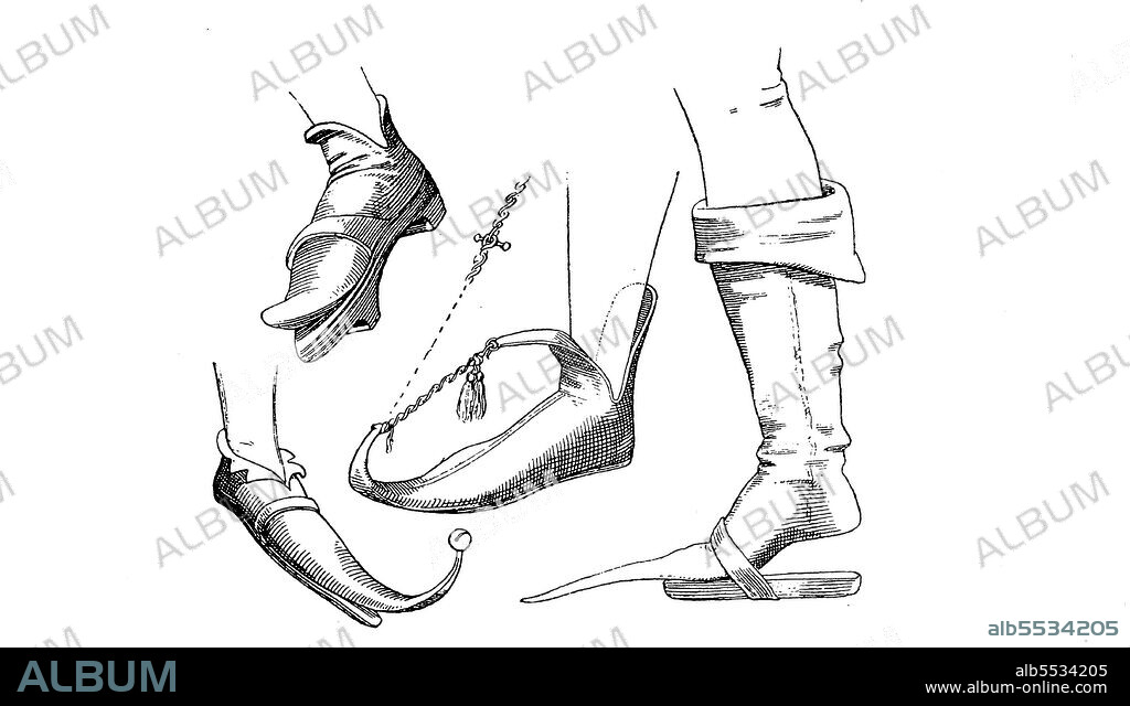 Shoe fashion, various Crakows or crackowes, were a style of shoes with extremely long toes very popular in the 15th century, 15. century, History of fashion, costume story .