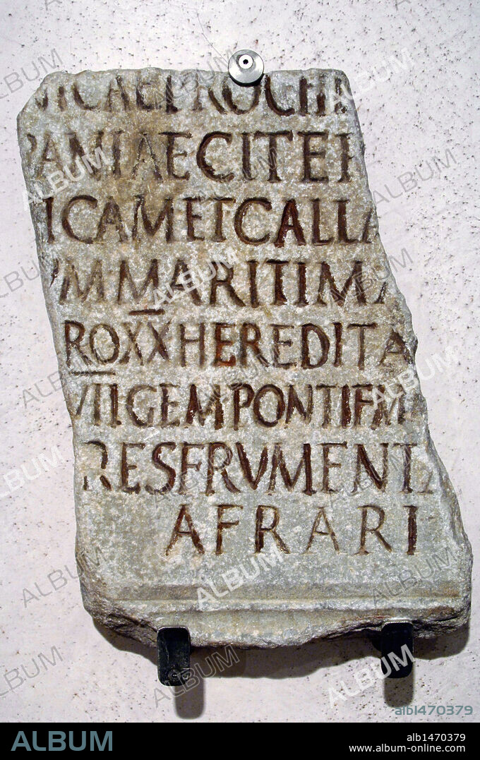 ARTE ROMANO. ITALIA. INSCRIPCION de la PREFECTURA DE LA ANNONA (PRAEFECTURA ANNONAE), creada por Augusto en el año 14 para asegurar el abastecimiento del pueblo. Inscripción basada en un manuscrito antiguo, dedicada al prefecto C. Iunius Flavianus por los comerciantes africanos de trigo y aceite, en la Statio Annonae. Final de la época de Adriano, principios de la de Antonino Pío. Detalle. Museo Nacional Romano. Termas de Diocleciano. ROMA.