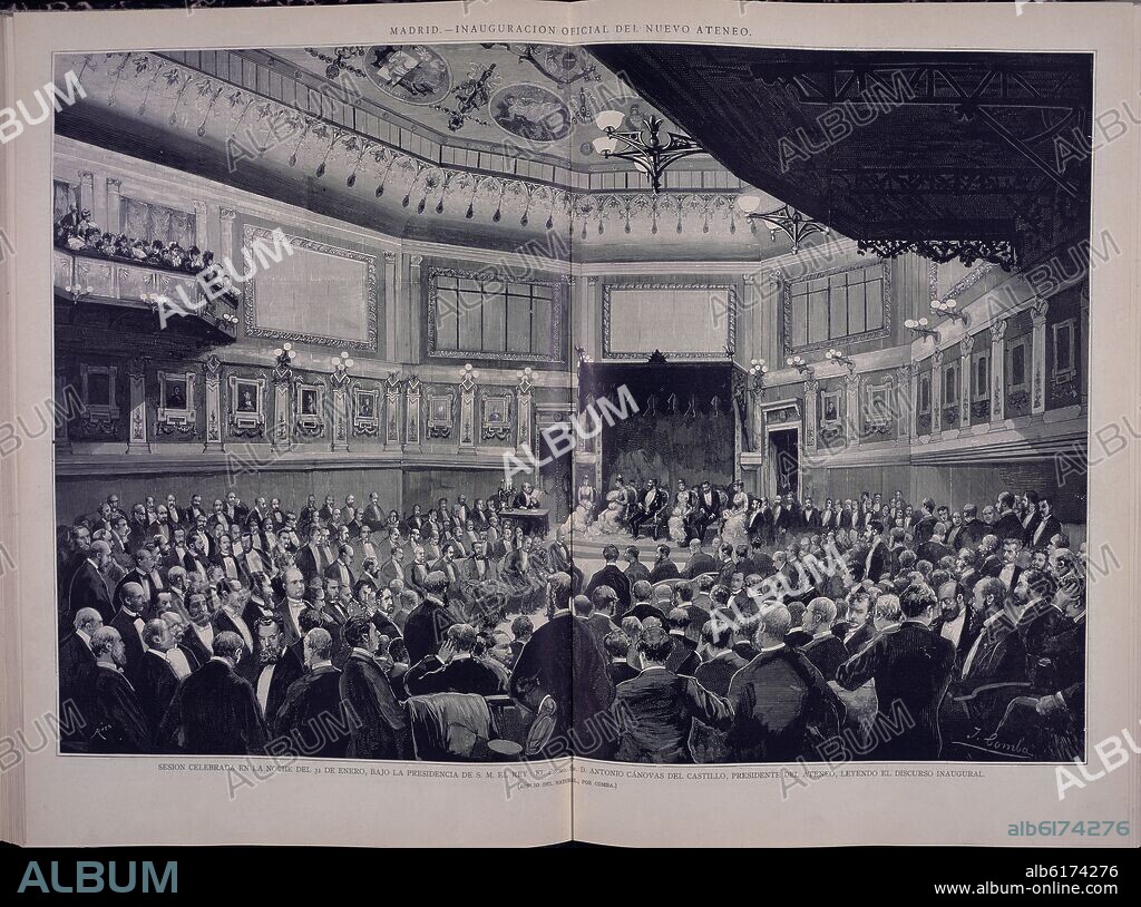JUAN COMBA GARCIA (1852-1924). SESION PRESIDIDA POR ALFONSO XII CON CANOVAS LEYENDO EL DISCURSO DE INAUGURACION DEL NUEVO ATENEO -  GRABADO - SIGLO XIX.