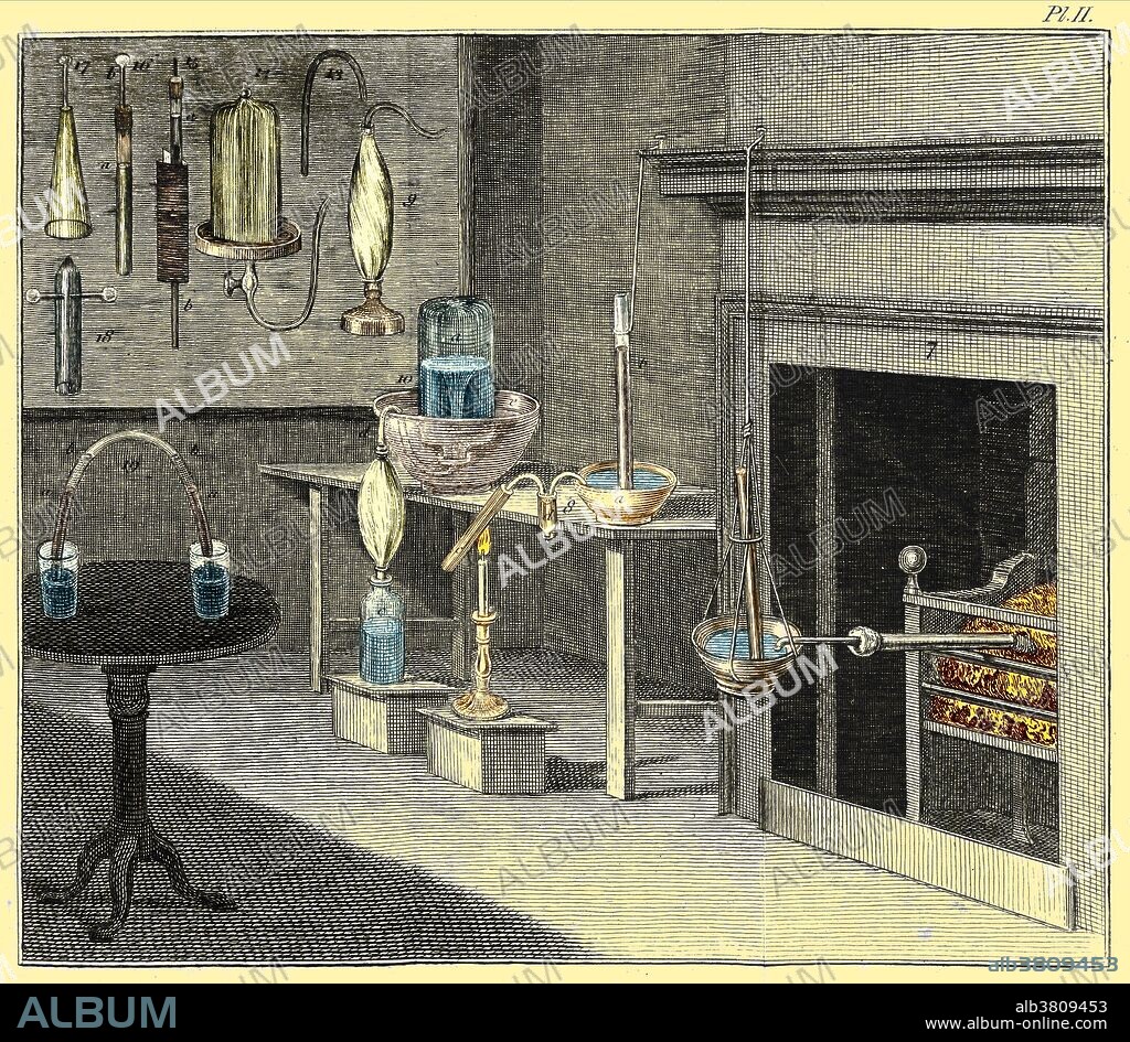 Chemical apparatus used by Joseph Priestley for his experiments on fixed air, 1790. Joseph Priestley (1733-1804) was an English theologian, natural philosopher, chemist, educator, and political theorist.  His most famous scientific research was on the nature and properties of gases. By clever design of apparatus and careful manipulation, Priestley isolated and characterized eight gases, including oxygen, and out of this work emerged his most important scientific texts: the six volumes of Experiments and Observations on Different Kinds of Air (1774-86), from which this image is taken. He also contributed to the understanding of photosynthesis and respiration.