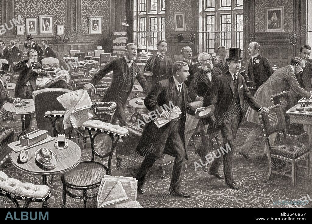 Members of Parliament, in London, England, leaving the smoking room when the division bell is rung. The bell signals a division and calls all members of the chamber so affected to vote in it. From Living London, published c.1901.