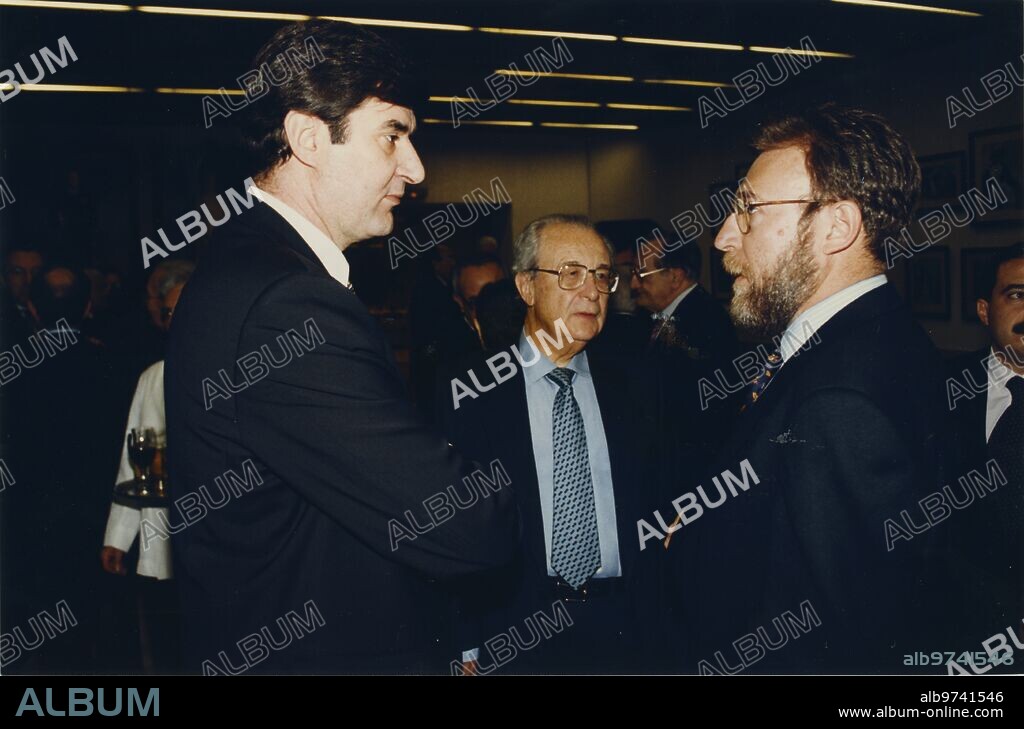 Madrid, 3/13/1997.- Dinner tribute to Luis María Anson for his election as an academic of the Royal Spanish Academy, held at the ABC Library. In the photo, from left to right: Rodrigo Gutiérrez, Nemesio Fernández Cuesta Illiana and José Antonio Sentís.
