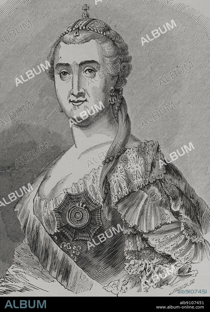 Catalina II de Rusia, llamada Catalina la Grande (1729-1796). Emperatriz de Rusia. Retrato. Grabado por Facnion. "Los Héroes y las Grandezas de la Tierra". Tomo VI. 1856.