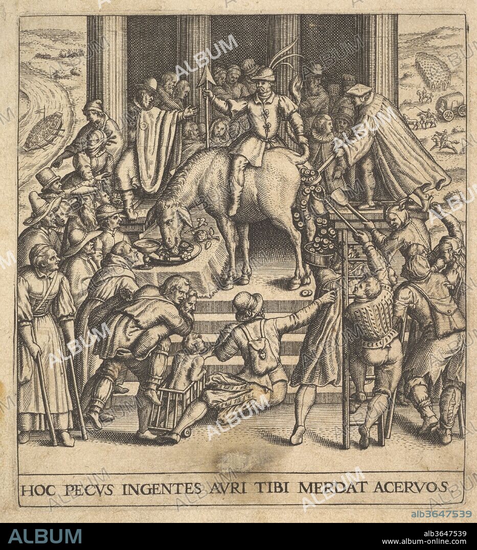 Men collecting dung dropping from the hindquarters of a mule, with a rider sitting backward on the mule and holding its tail aside, surrounded by onlookers spread around a stepped platform, from 'Secular emblems' (Emblemata saecularia). Artist: Johann Theodor de Bry (Netherlandish, Strasbourg 1561-1623 Bad Schwalbach). Dimensions: plate: 4 1/8 x 3 3/4 in. (10.5 x 9.6 cm)
sheet: 4 11/16 x 4 5/16 in. (11.9 x 11 cm). Series/Portfolio: Secular emblems (Emblemata saecularia). Date: 1592-1614.