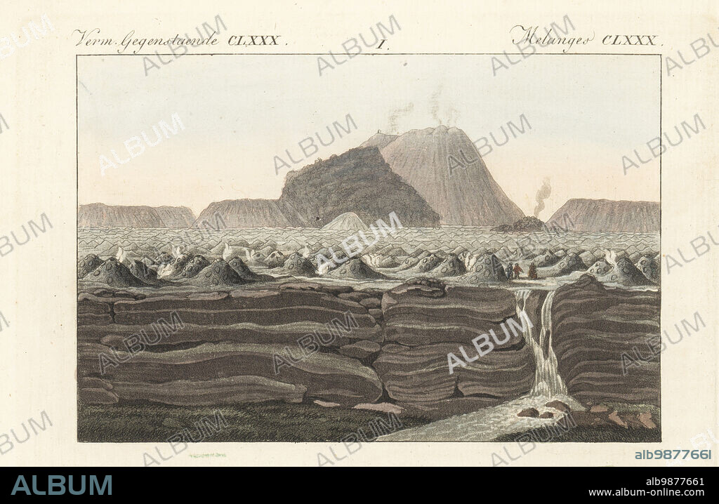 View of El Jorullo, a cinder cone volcano in Michoacán, central Mexico. "A mountain of scoriae and ashes 517m above the plains in the centre of a thousand small burning cones." Volcan de Jorullo. Copied from Alexander von Humboldt's Vues des Codilleres, 1810. Handcoloured copperplate engraving from Carl Bertuch's Bilderbuch fur Kinder (Picture Book for Children), Weimar, 1813. A 12-volume encyclopedia for children illustrated with almost 1,200 engraved plates on natural history, science, costume, mythology, etc., published from 1790-1830.