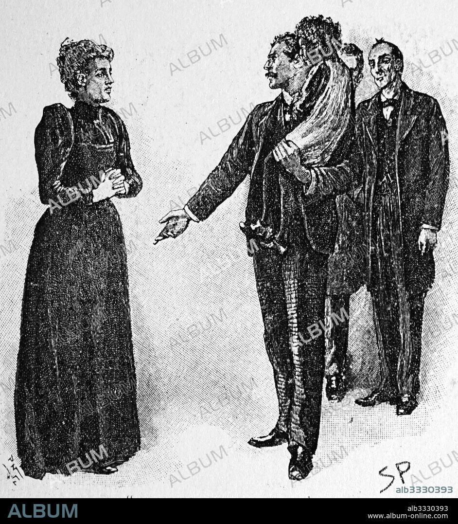 The Adventure of the Yellow Face. From Conan Doyle 'The Adventures of Sherlock Holmes', London, 1893 Sherlock Holmes reveals to Jack Grant Munro and Watson, right, the reason for the suspicious behaviour of the former's wife - that her first, dead, husband was black and she is keeping his child with a nurse in a nearby cottage.Illustration by Sidney E. Page (1860-1908), the first artist to draw Sherlock Holmes.