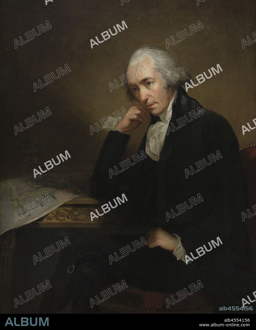 James Watt (1736-1819). Ingeniero mecánico, inventor y químico escocés. Realizó mejoras en la máquina de Newcomen, inventando la máquina de vapor. Retrato por Carl Frederik von Breda (1759-1818), representando a Watt con los planos de su condensador. Oleo sobre lienzo, firmado y datado en 1792. National Portrait Gallery. Londres, Inglaterra.