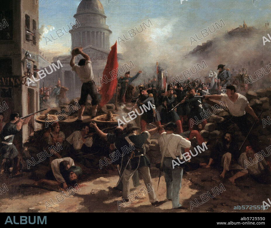 June uprising of the Parisian workers. 23-27 June 1848 (put down by the War Minister Eugene Cavaignac). "On the barricades on the Rue Soufflot, Paris, 25 June 1848". (Government troops under General Damesme storm the barricades). Painting, 1848/49, by Horace Vernet. (1789-1863). Oil on canvas, 36 × 46cm. Berlin, Deutsches Historisches Museum.