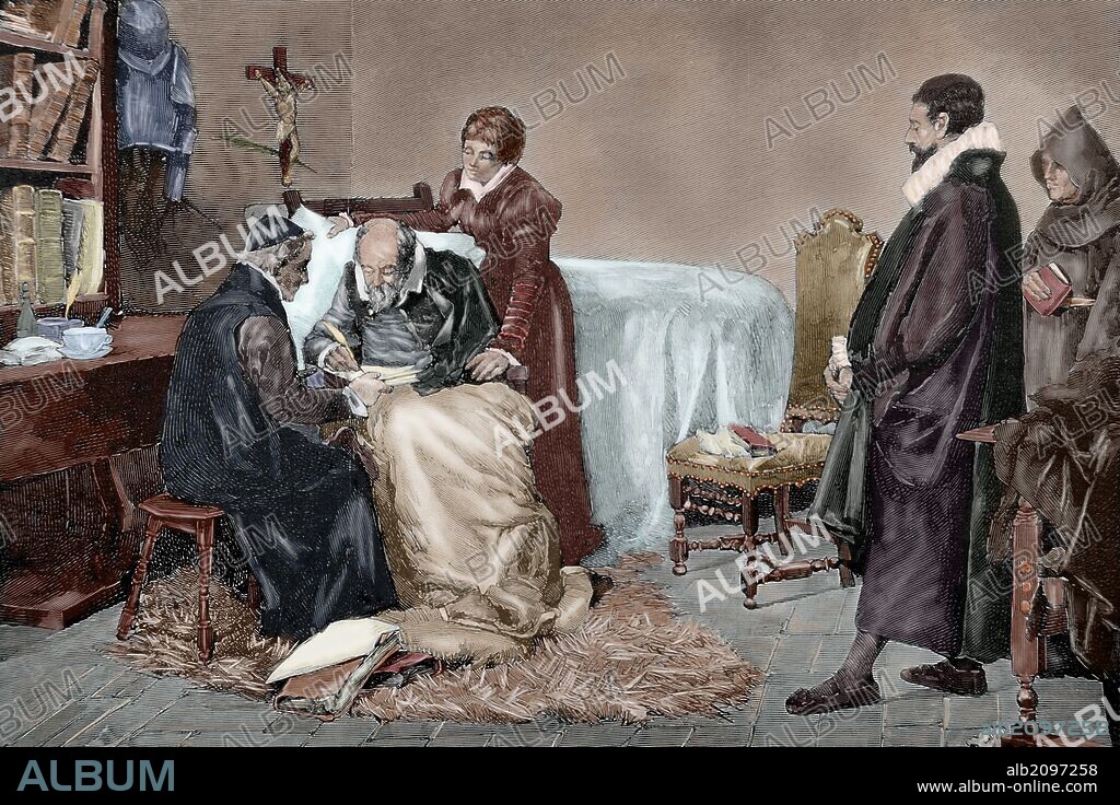 Miguel de Cervantes (1547-1616). Spanish writer. Cervantes writing the dedication of his Persiles. Engraving by Capuz after a painting by Eugenio Oliva. The Spanish and American Illustration, 1883. Colored.