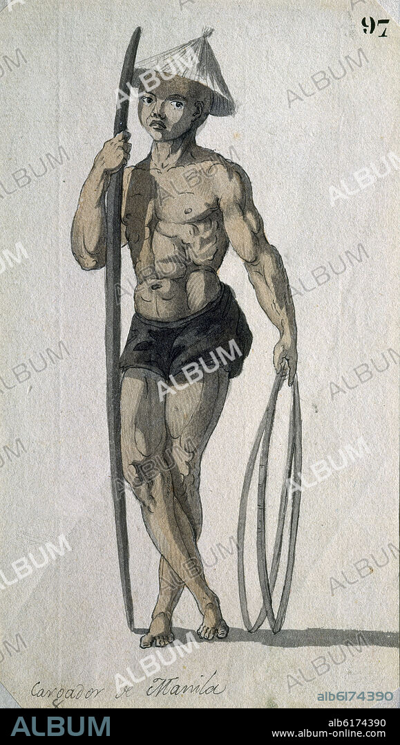JUAN RAVENET (1766-1821). CARGADOR DE MANILA - DIBUJO A TINTA AGUADA Y COLOREDA - 220120 MM - NºINV 2314 - SIGLO XVIII.